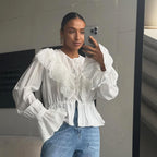 French Lace Stitching Tied Waisted Long Sleeved Shirt Women