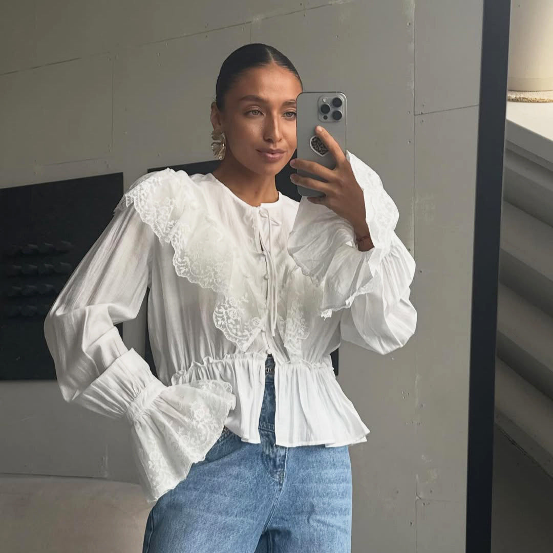French Lace Stitching Tied Waisted Long Sleeved Shirt Women