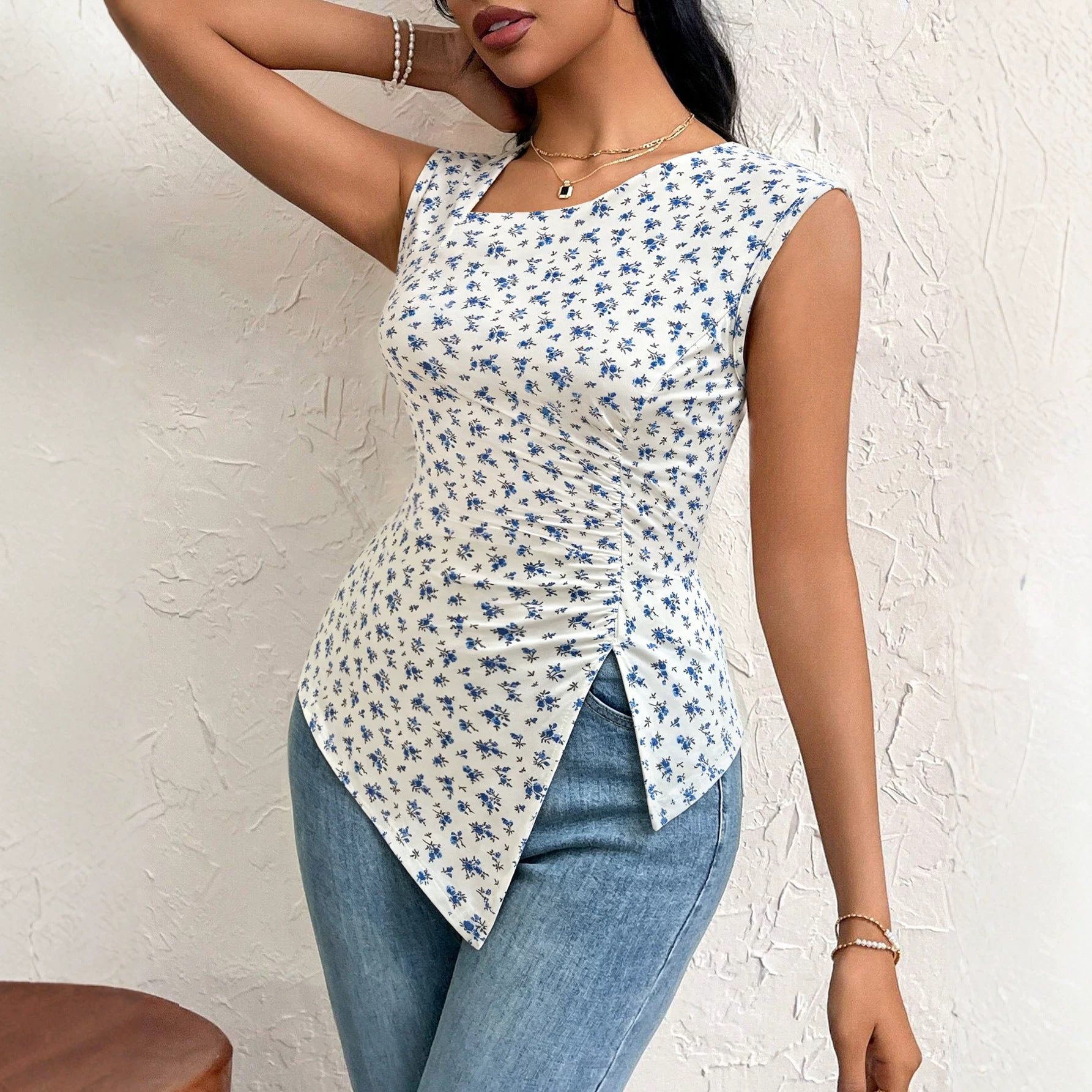 Women's French Floral Sleeveless Vest Women Asymmetric Oblique Square Neck Cinched Side Slit Slim Fit Slimming Top