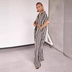 Women's Polo Collar Striped Color Matching Short Top