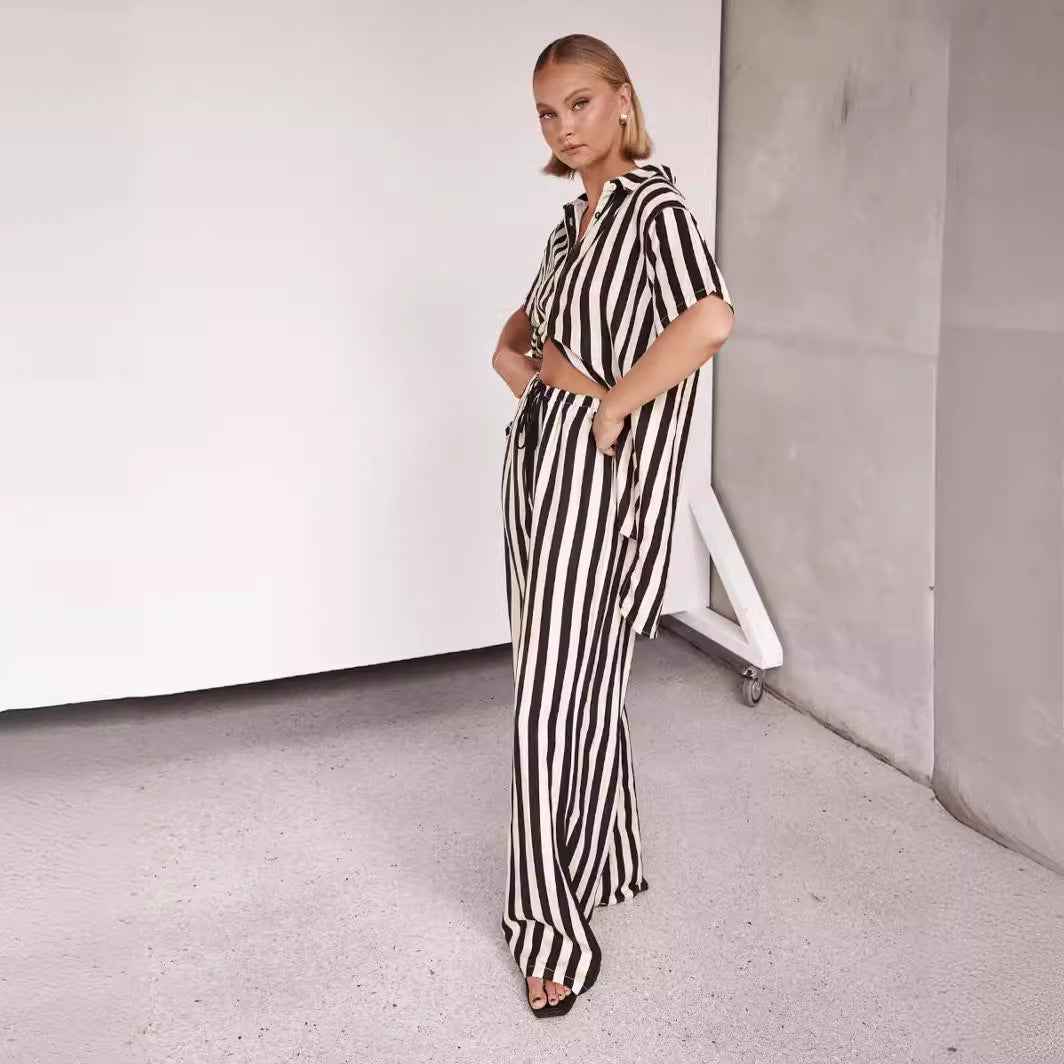 Women's Polo Collar Striped Color Matching Short Top