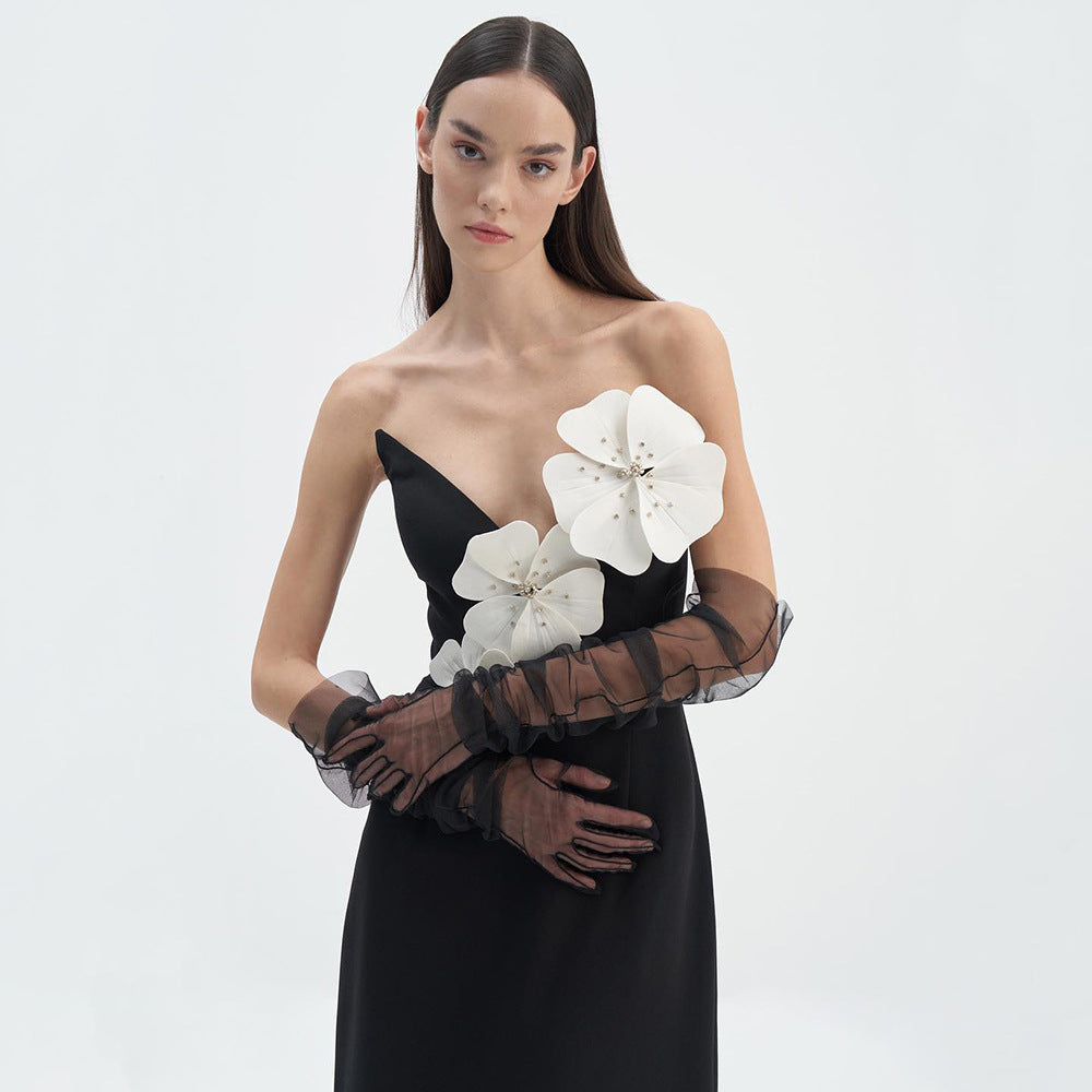 Women's Spring Summer Black Tube Top Dress Floral Diamond Core Split Off-Shoulder Design Dress Women Clothing