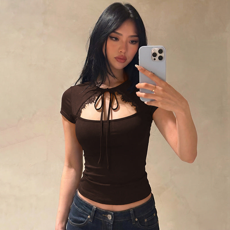 Women Clothing Summer Solid Color Short Sleeve Lace Lace CO