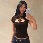 Women Clothing Summer Solid Color Short Sleeve Lace Lace CO