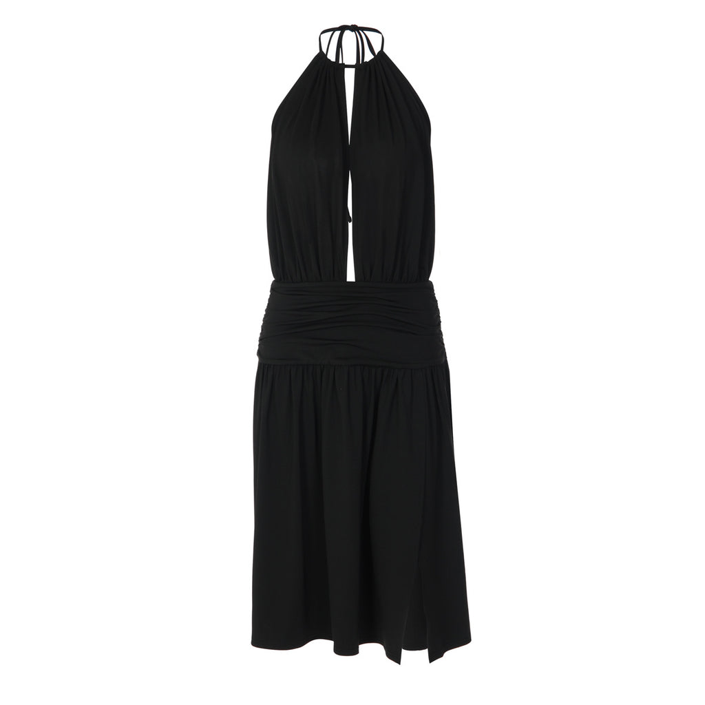 Deep V Plunge neck Bare Back Halter Strap Pleated Waist Tight Slit Dress