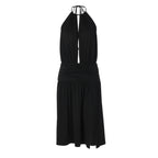 Deep V Plunge neck Bare Back Halter Strap Pleated Waist Tight Slit Dress