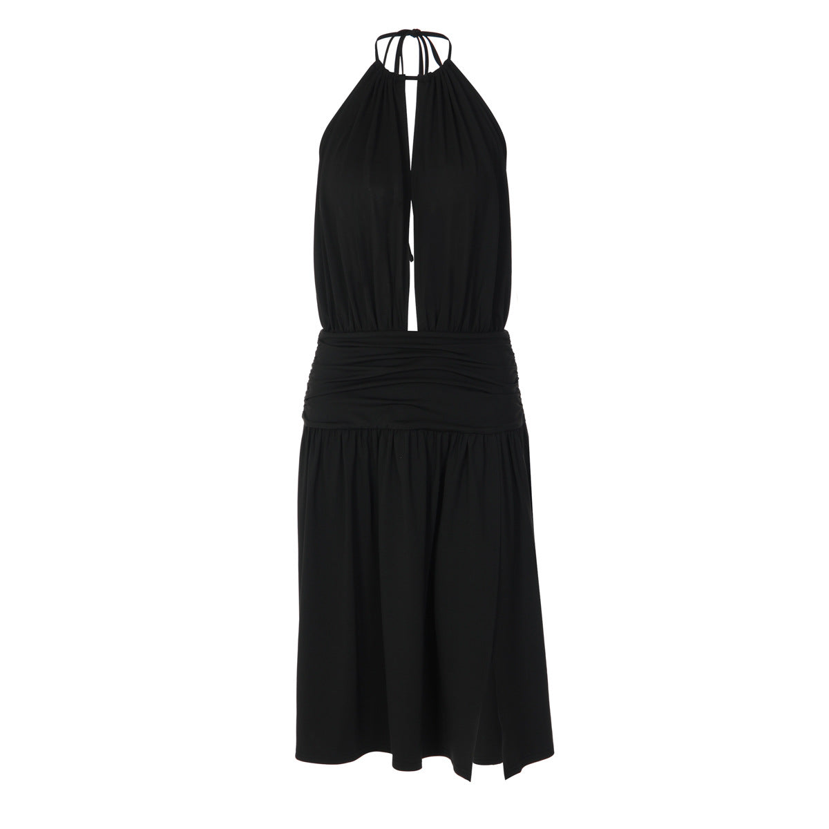 Deep V Plunge neck Bare Back Halter Strap Pleated Waist Tight Slit Dress