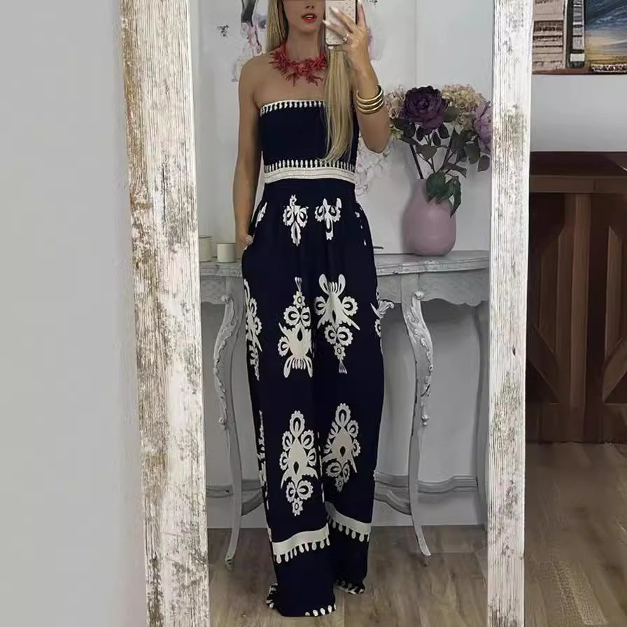 Street Hipster Wrapped Chest Printed Jumpsuit High Waist Casual Pants Women