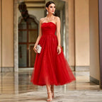 Women's Red Strapless A-Line Evening Midi Dress