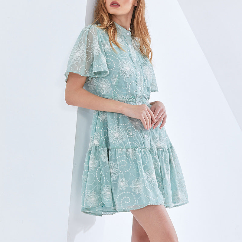 Women's Early Spring Elegant Stand Collar Short Sleeve Printed Short Dress Plus Size Tiered Dress