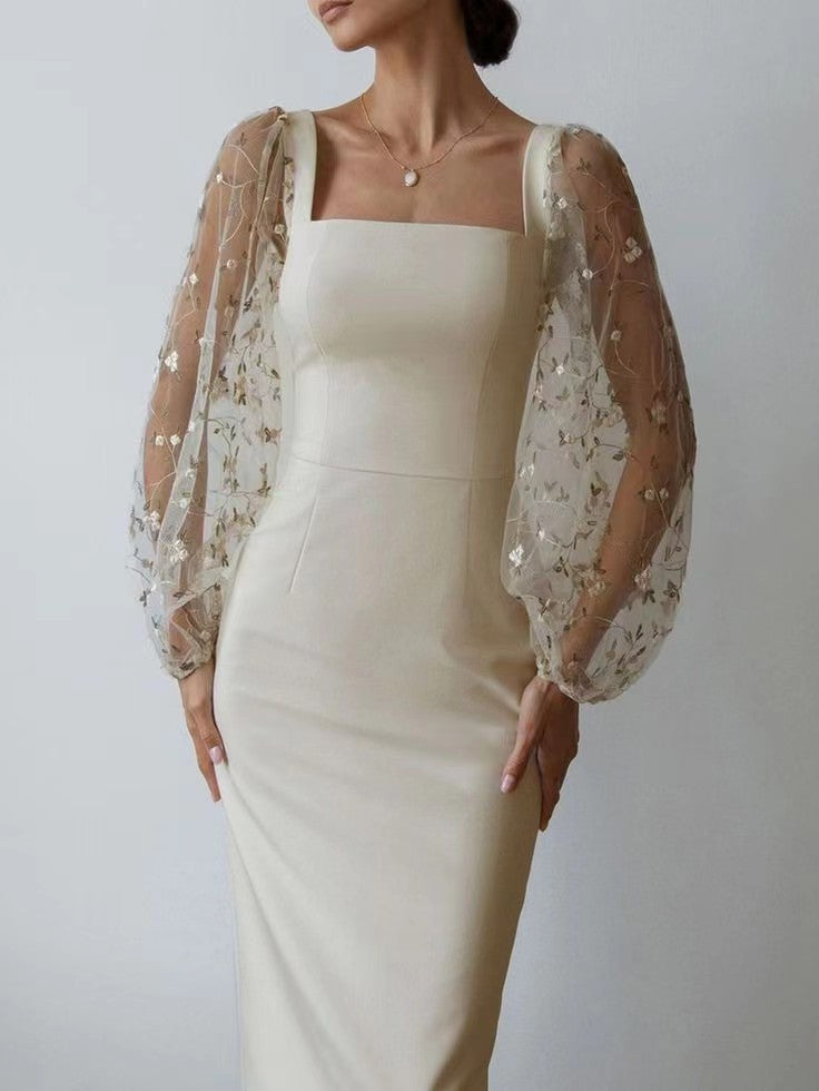 Embroidered Square-Neck Lantern-Sleeve Bodycon Midi Dress