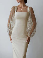 Embroidered Square-Neck Lantern-Sleeve Bodycon Midi Dress