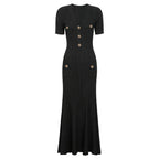 Black maxi short sleeve dress with ribbed texture and decorative button details down the front