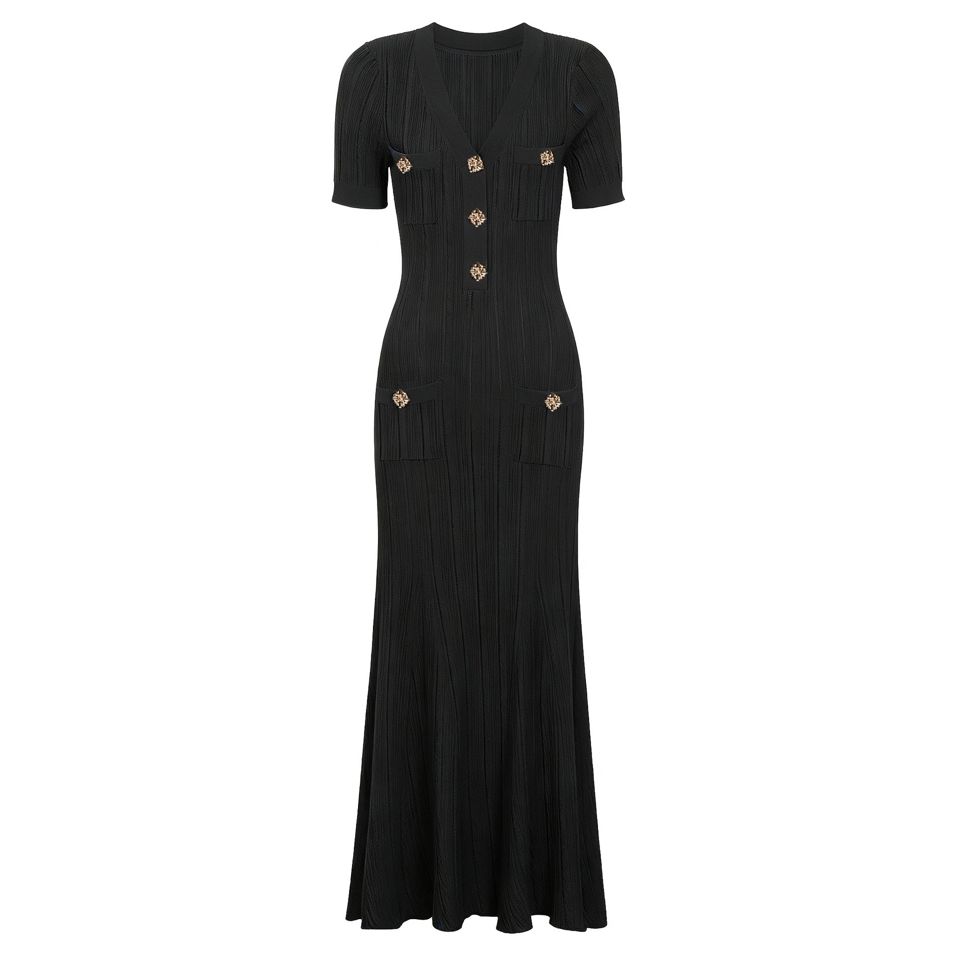 Black maxi short sleeve dress with ribbed texture and decorative button details down the front