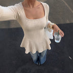 Women's French Square Collar Knitwear Women Autumn Winter Waist Trimming Ruffles Slimming Long Sleeve Bottoming Top