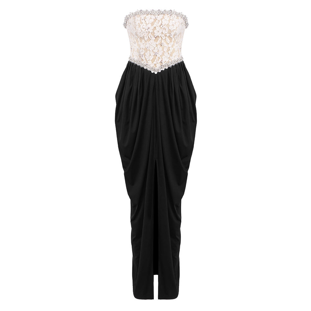 Women's Lace Bead Strapless Dress High Elastic Split Long
