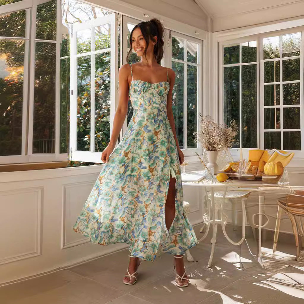 Women's Printed Backless Slit Strap Maxi Dress
