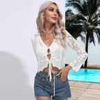 Drawstring Hollow Out Cutout Out Twisted Wavy Knitted Blouse Spring Summer Knitwear Women Women Clothing