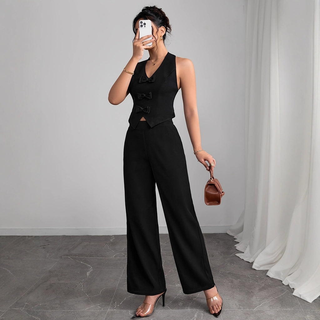 Autumn Vest Bow Sleeveless Hanging Collar Top Nipped Waist Trousers Two Piece Sets