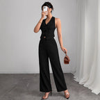 Autumn Vest Bow Sleeveless Hanging Collar Top Nipped Waist Trousers Two Piece Sets