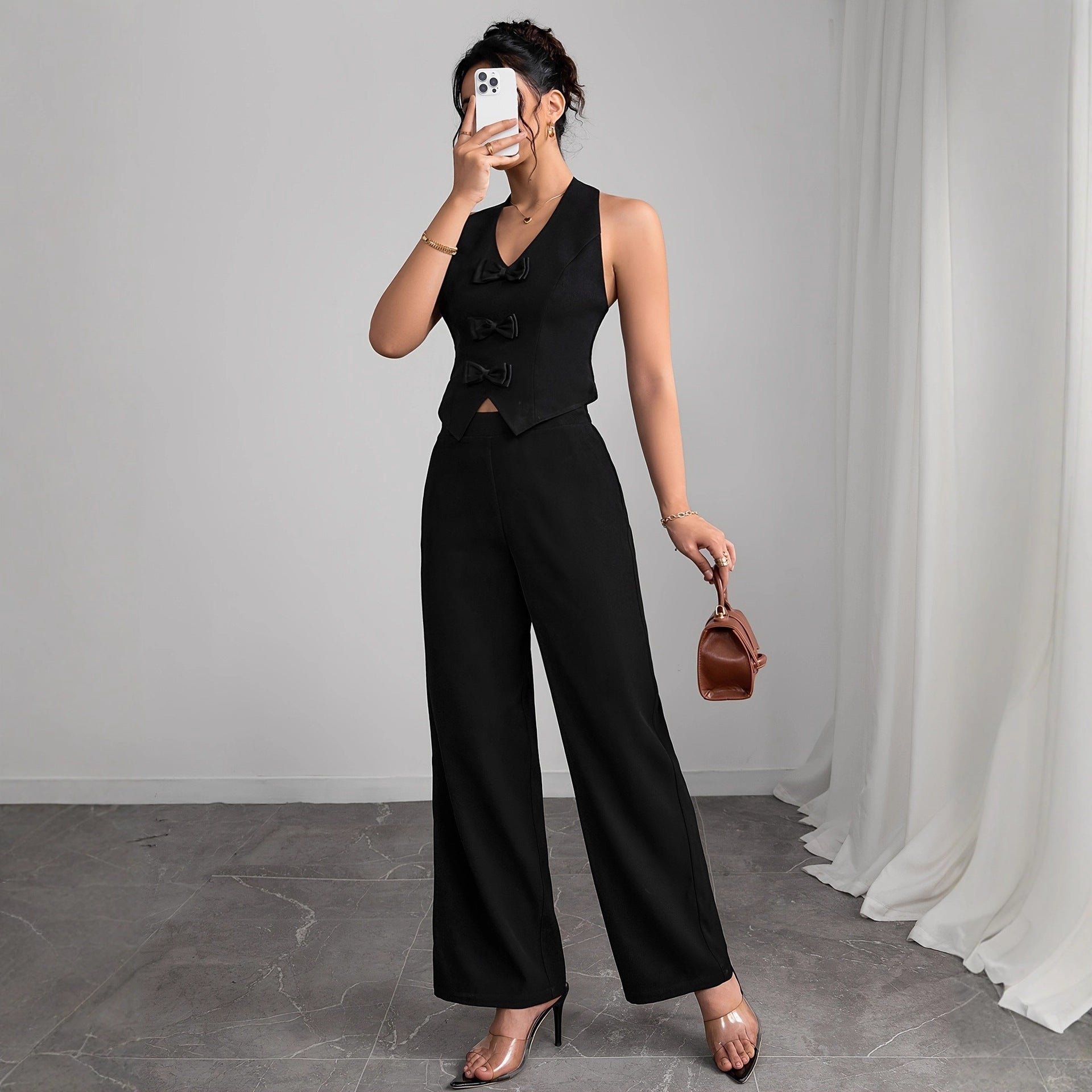 Autumn Vest Bow Sleeveless Hanging Collar Top Nipped Waist Trousers Two Piece Sets