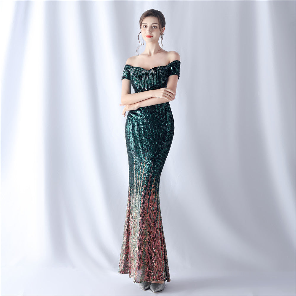 Women's Gradient Sequin Embellished Mix Match Beads Elegant Evening Dress