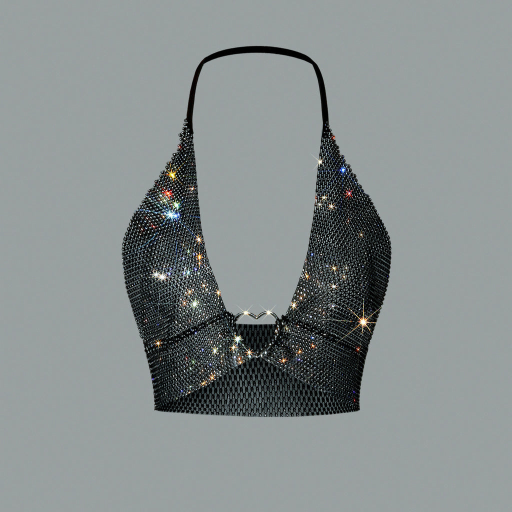's Vest Bandeau Sling Fishnet Rhinestone Top Party Electronic