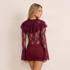 Women's Spring Solid Color Lace Ruffled Deep V Plunge Neck Long Sleeve