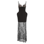 Summer Retro Black Sexy Niche Strapless Irregular Asymmetric Spaghetti Strap Lace See Through Skirt Set
