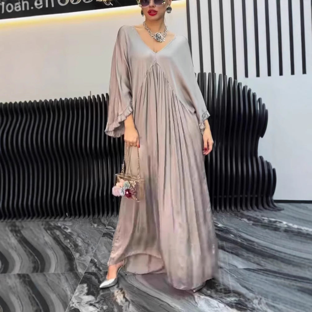 Summer Casual Satin Ruffle Sleeve Pleated Dress