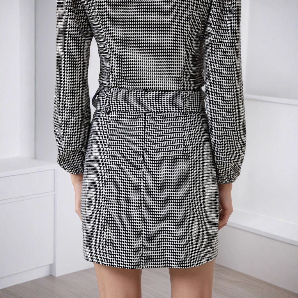 Women's Houndstooth V-Neck Belted Long-Sleeve Mini Dress