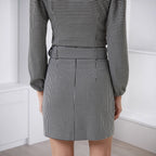 Women's Houndstooth V-Neck Belted Long-Sleeve Mini Dress