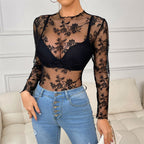 Women's Lace Top Sexy Hollow Out Cutout Shirt Women Clothing Sexy See Through Long Sleeves Inner Wear Bottoming Shirt