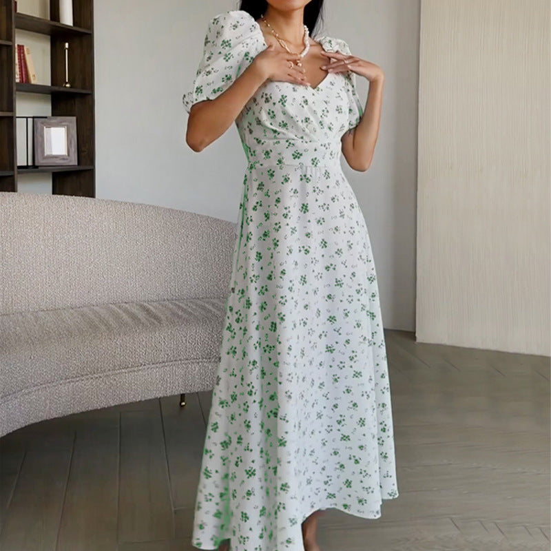Women's Slit Floral Off-Shoulder Puff-Sleeve Dress