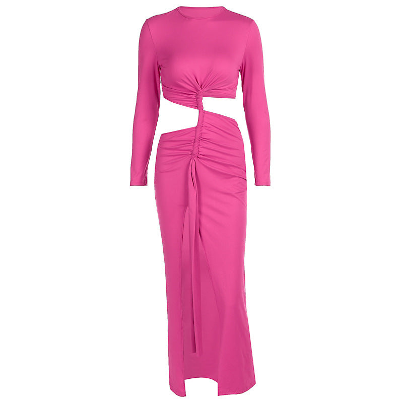 Women's Coral Red Long-Sleeve High-Slit Maxi Dress
