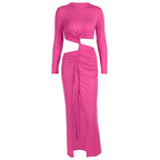 Women's Coral Red Long-Sleeve High-Slit Maxi Dress