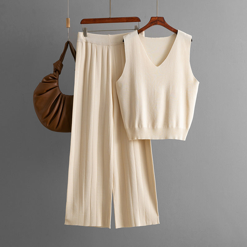Summer V-Neck Solid Color Knitted Vest Top High-Waisted Casual Wide Leg Two-Piece Set