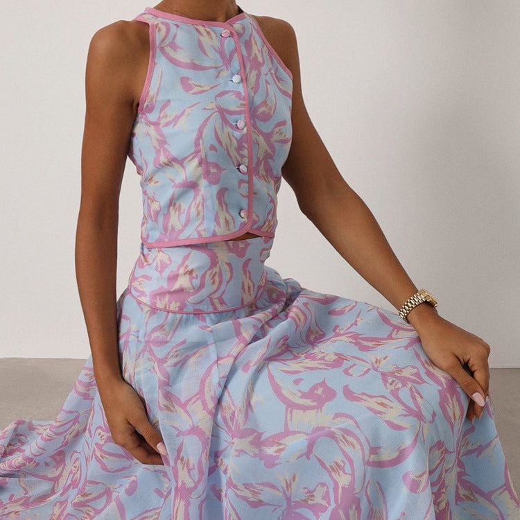 Summer Printed Skirt Set Women Arrival round Neck SL