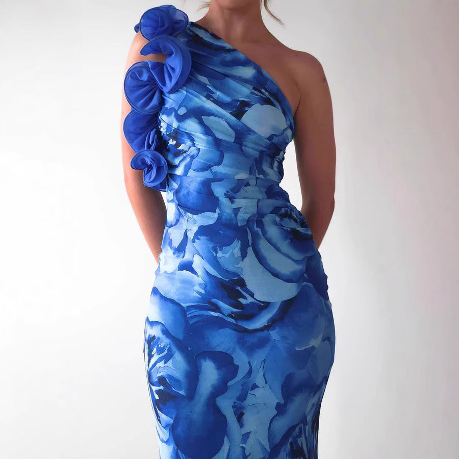 Women's One-Shoulder Printed 3D Ruched Ruffle Dress