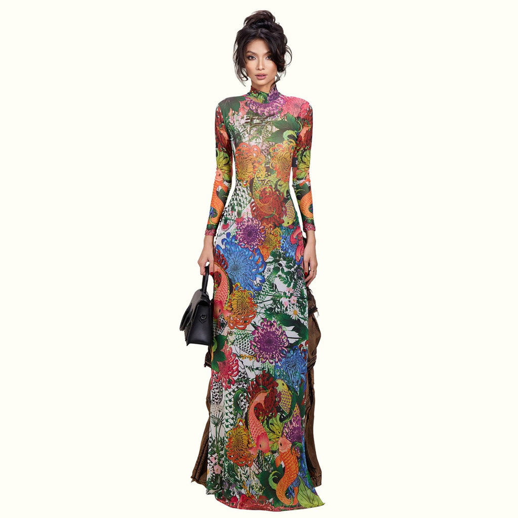 Women's Spring Women Clothing Personality Plant Print Long Sleeve Half Turtleneck High Slit Long Shirt