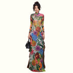 Women's Spring Women Clothing Personality Plant Print Long Sleeve Half Turtleneck High Slit Long Shirt