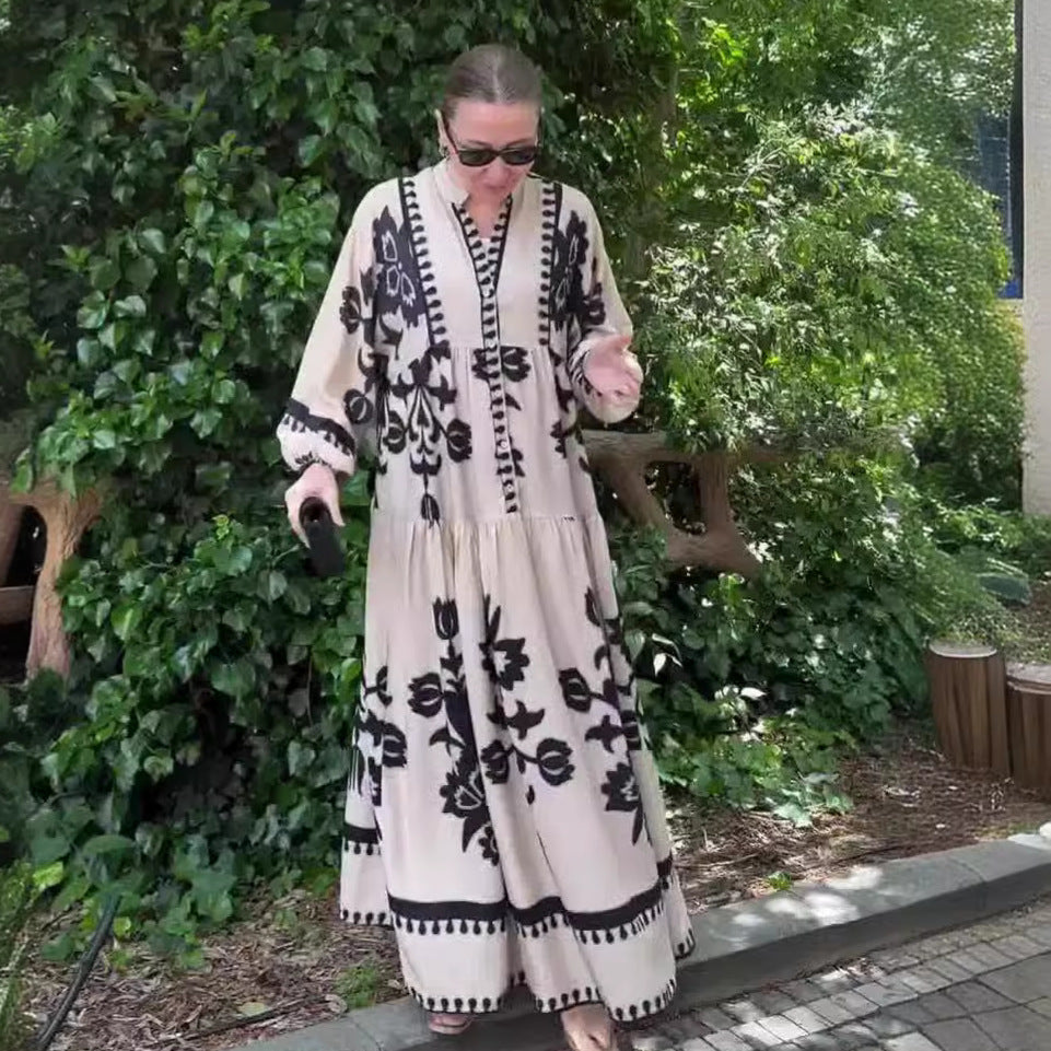 Printed Long-Sleeve Retro Dress