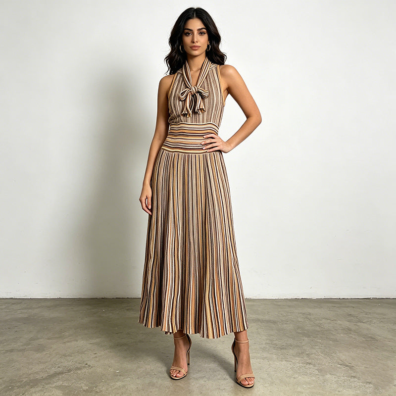 Women's Retro Striped Halter Maxi Dress