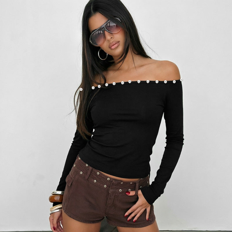Button Off-Shoulder Long Sleeve Knit Top