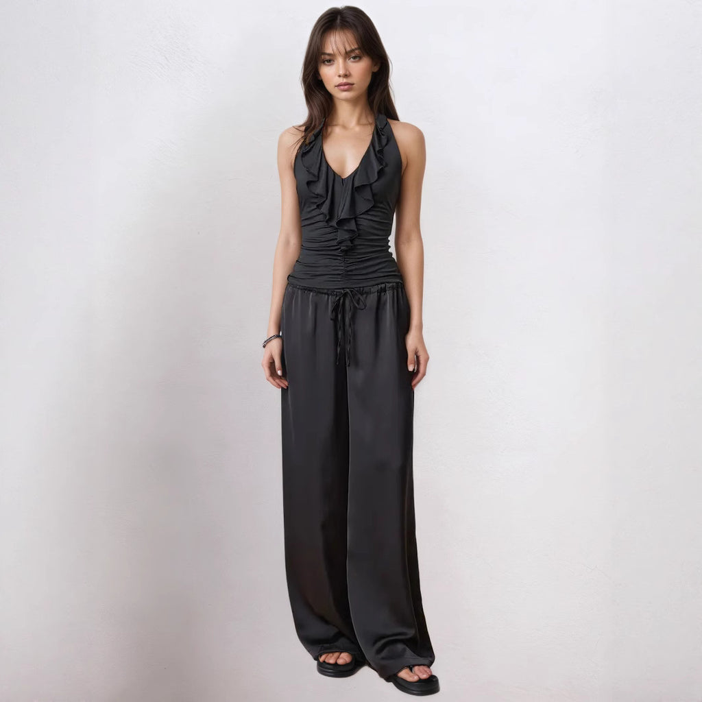 's Elegant V Neck Flounce Backless Lace Up Halter Top