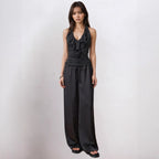 's Elegant V Neck Flounce Backless Lace Up Halter Top