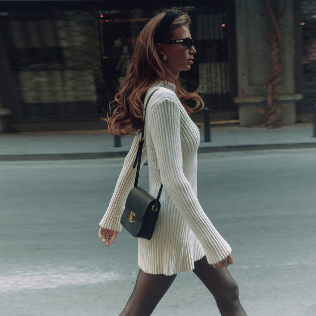 Ribbed Crew-Neck Long-Sleeve Knit Bodycon Mini Dress