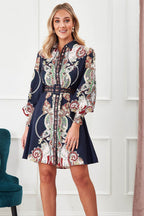 Women's Shirt Dress Vintage Floral Print Long Sleeves A- Line With Belt