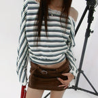 Women's Striped Lace Knit Long Sleeve Top