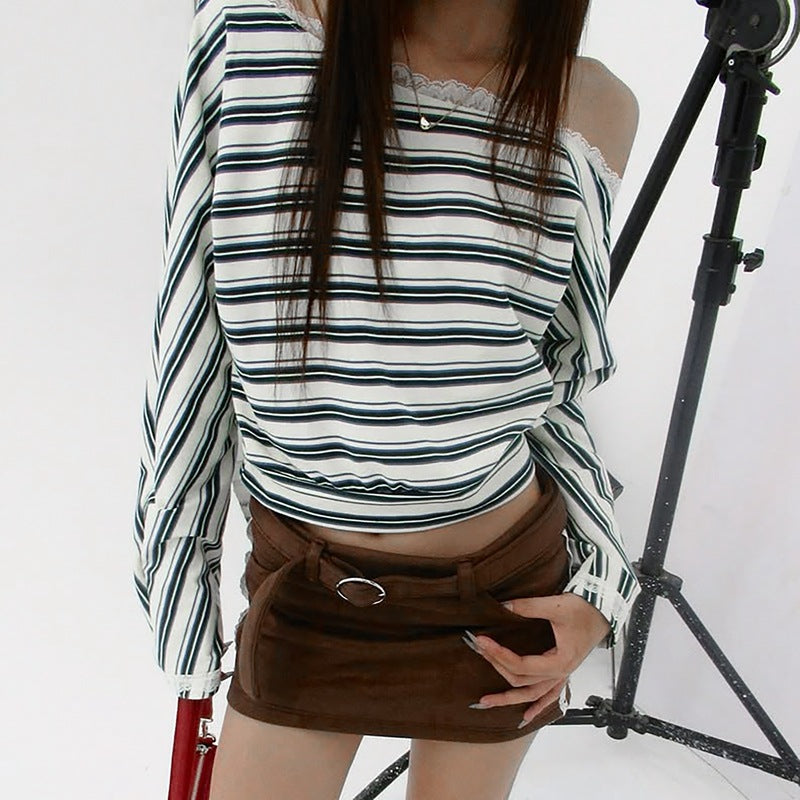 Women's Striped Lace Knit Long Sleeve Top